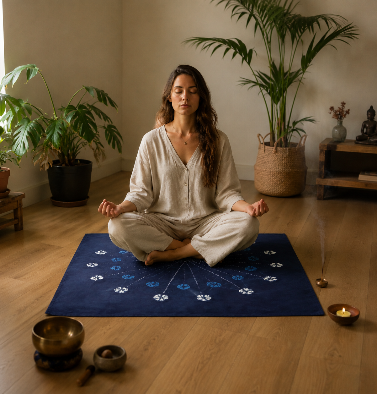 A woman meditating on a large indigo mandala mat in a bright, sunlit room with indoor plants, artisanal textile used as a sacred ritual base.