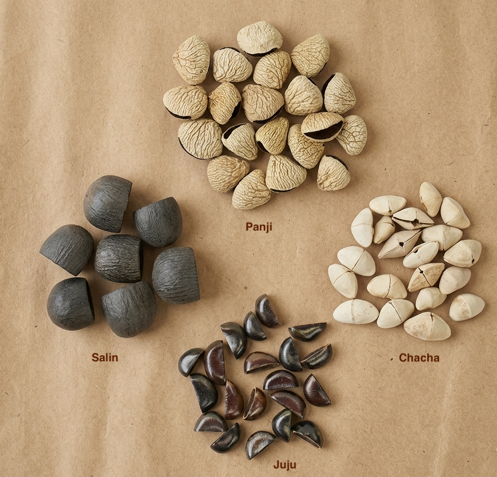 A top-down view of different natural shells—Salin, Pala, Panji, and Juju—labeled on a rustic background to show the unique textures of each seed shell.