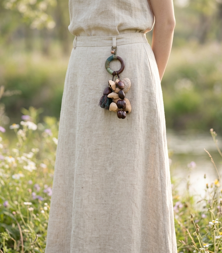 A rear view of a woman wearing a natural beige linen dress. The handcrafted fruit shell charm is hanging from her belt, demonstrating its use as a minimalist, Zen-inspired fashion accessory.