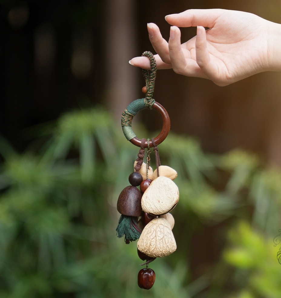 Close-up of a hand gently holding a handmade natural fruit shell shaker pendant. The image clearly displays the combination of Panji,Chacha, Juju and Pala shells, a wooden ring, woven hemp cord, and a dark green tassel against a lush green leafy background.