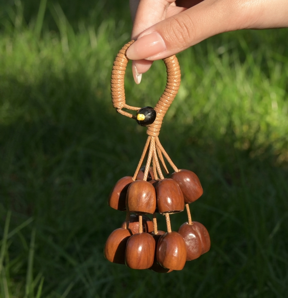 Close-up of a hand holding a handmade natural nut shell shaker charm, highlighting the polished brown shells and woven ring detail against a green grass background.
