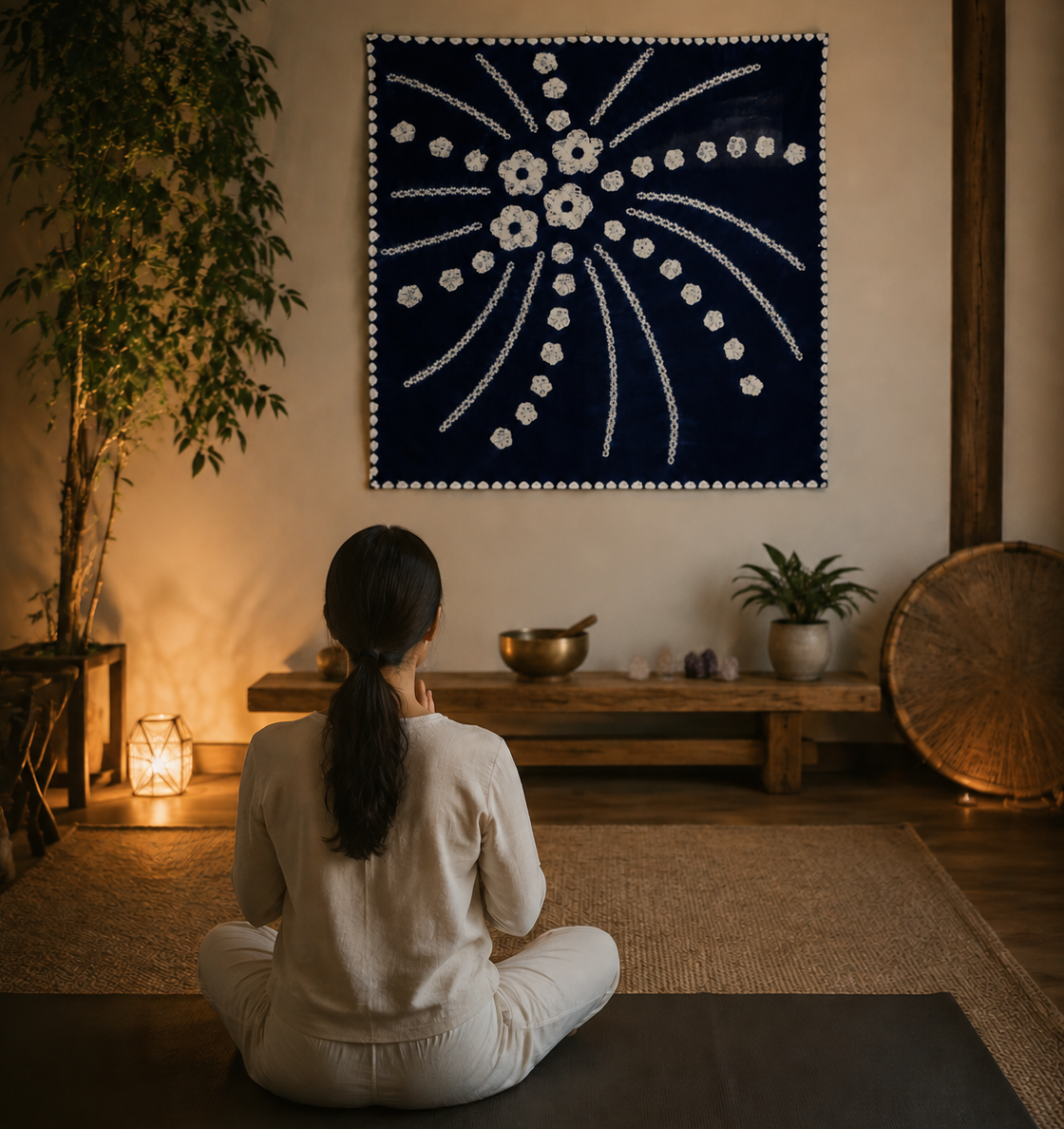 Indigo tie-dye wall tapestry hung in a meditation room with a wooden bench and singing bowl, creating a serene sacred sanctuary.