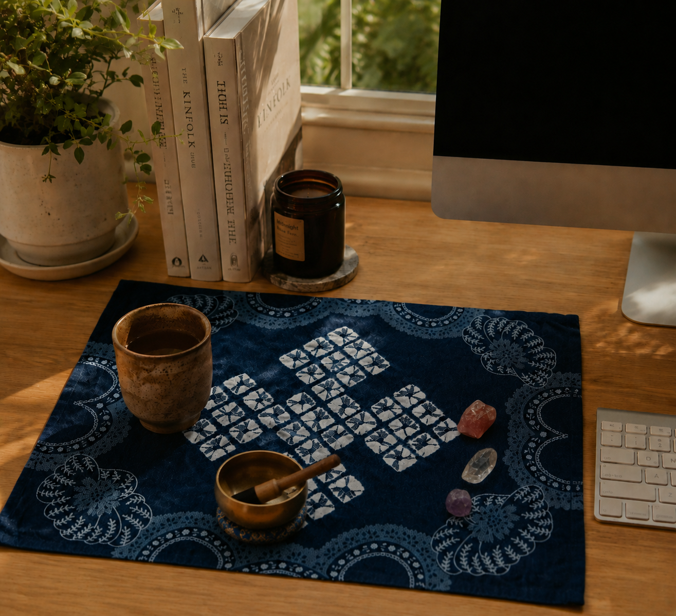 A symmetrical geometric pattern indigo mat used as a crystal healing pad on a sunlit wooden desk with a selenite wand, offering tactile grounding.