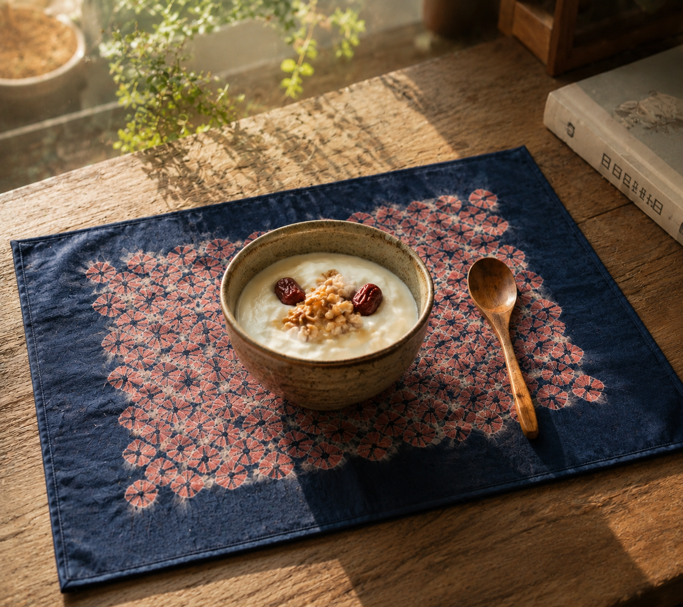 A pink geometric pattern indigo mat used as a placemat for a breakfast bowl of yogurt with dried dates and walnuts on a rustic wooden table, creating a mindful eating ritual.
