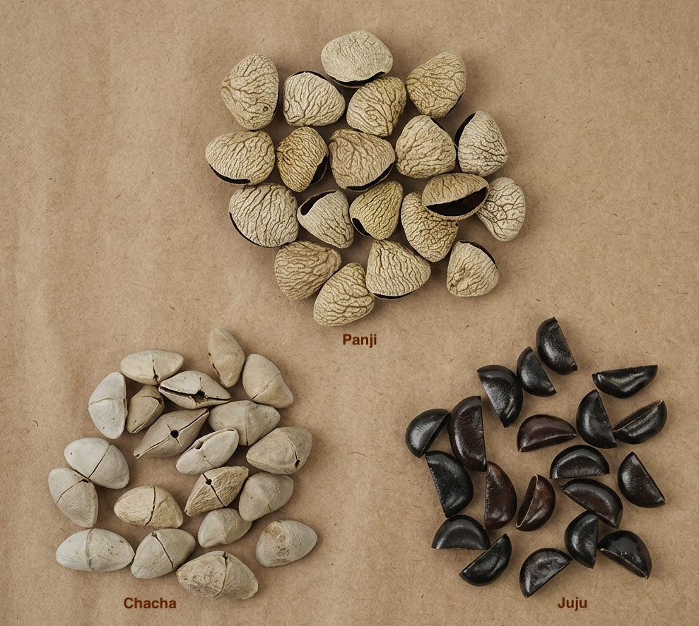 A top-down view of different natural shells—Panji,Chacha and Juju—labeled on a rustic background to show the unique textures of each seed shell.