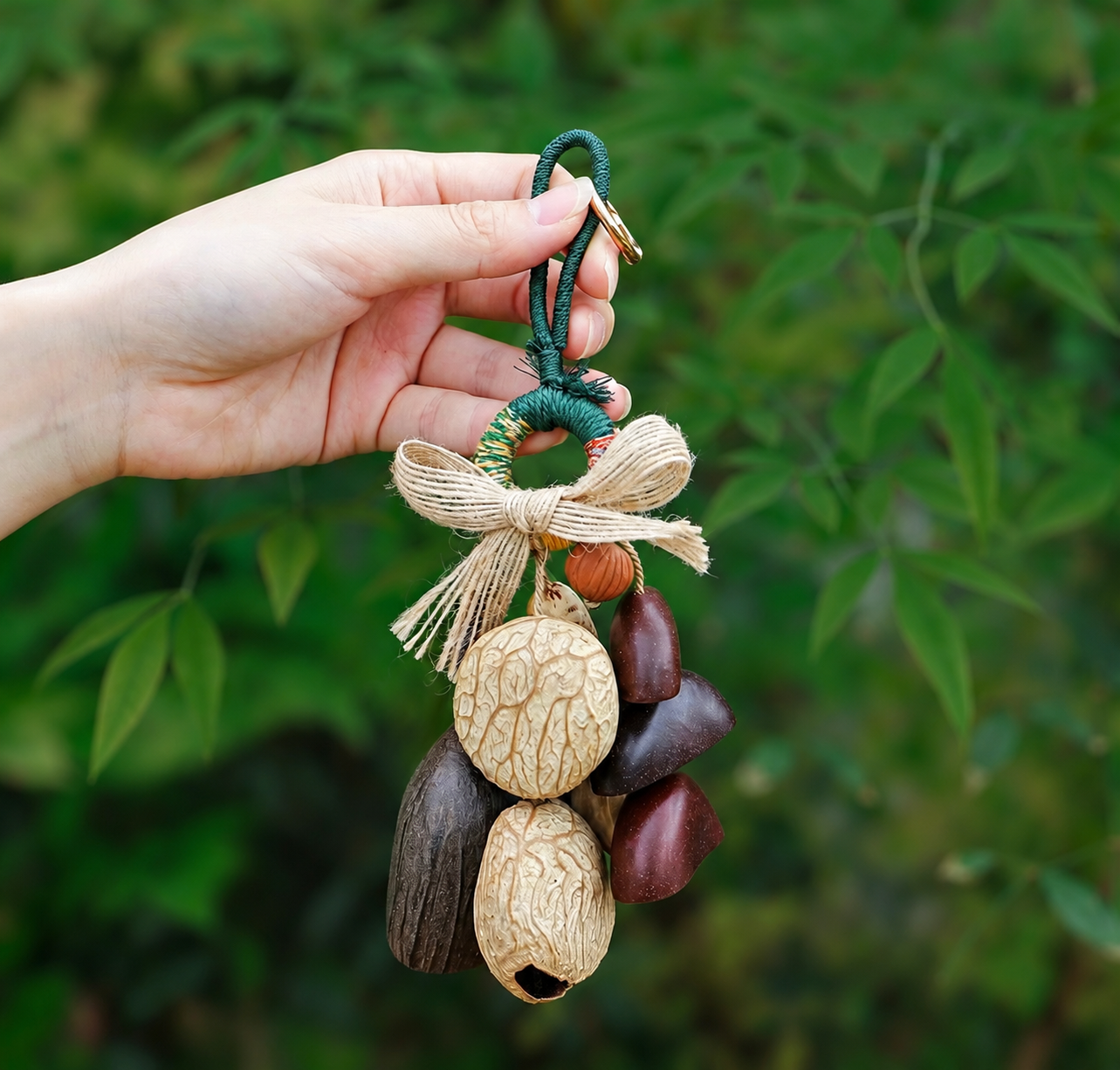 Close-up of a hand holding a handmade nut shell shaker charm. The image highlights the “five-color" woven loop, jute bow, and a combination of kinds of dried shells, set against a blurred leafy background