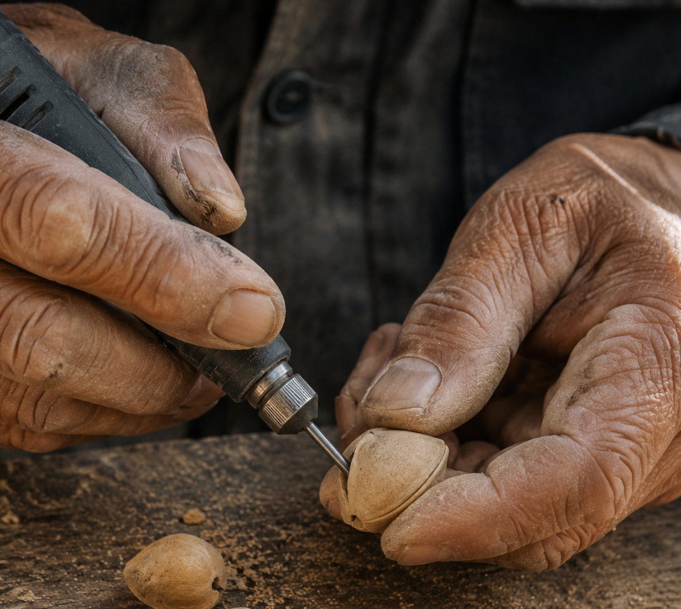 Artisan's hands carefully cutting natural fruit shells on a old wooden desk surface, showcasing the traditional hand-carving process of the instrument.