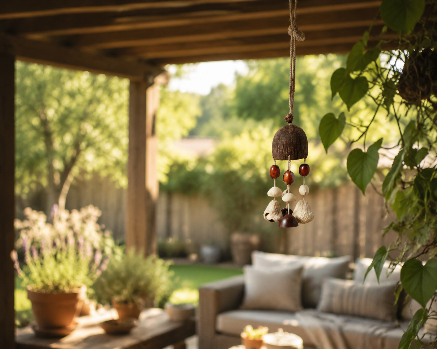 A sunlit outdoor patio scene featuring the natural shell wind chime hanging from a wooden pergola, with comfortable lounge seating and potted plants, highlighting its appeal as a Bohemian-style deck ornament