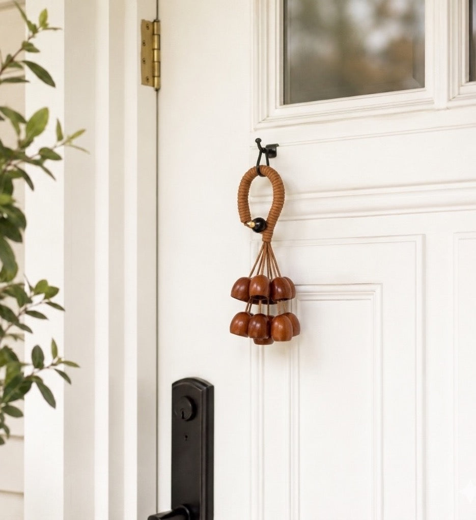 A natural pala shell hanging charm displayed on a white wooden door handle, showcasing its use as a minimalist home decor accent