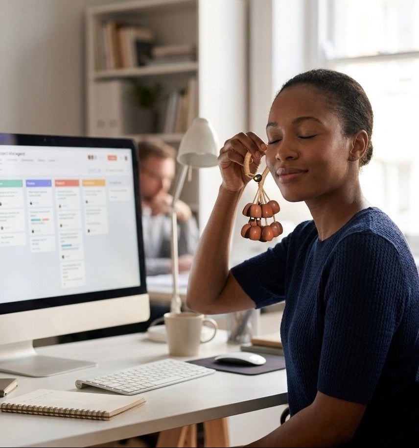 A woman sitting at a modern office desk, eyes closed, holding and interacting with a petite pala shell shaker to find focus and tranquility at work