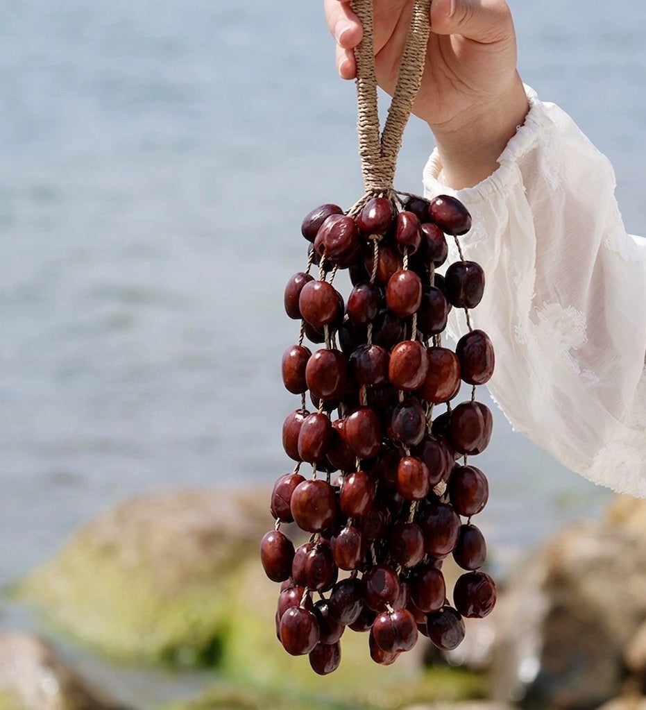 Handheld Pala shell wind chime with deep russet seed shell and natural hemp rope against the blurred lake background, used for sound healing and meditation sessions.