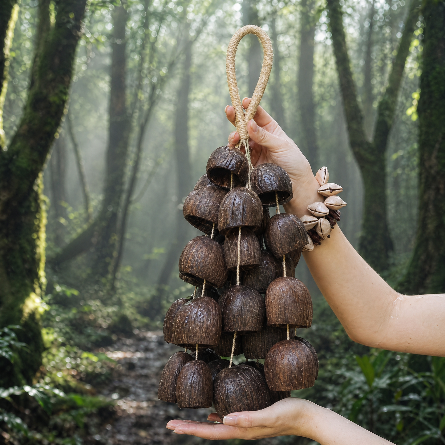 Handmade Salin shell musical instrument held by a person in a misty forest for sound healing and meditation.