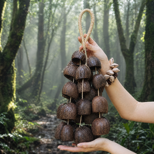 Handmade Salin shell musical instrument held by a person in a misty forest for sound healing and meditation.