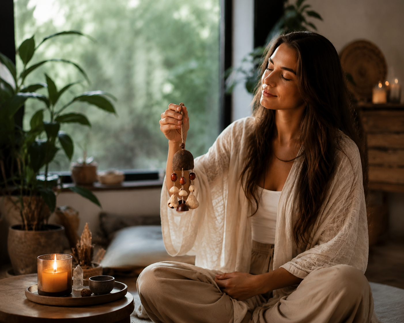A woman sitting peacefully indoors for meditation, gently swaying the shell wind chime while surrounded by plants and a scented candle, showcasing its use as a mindfulness and sound healing tool.